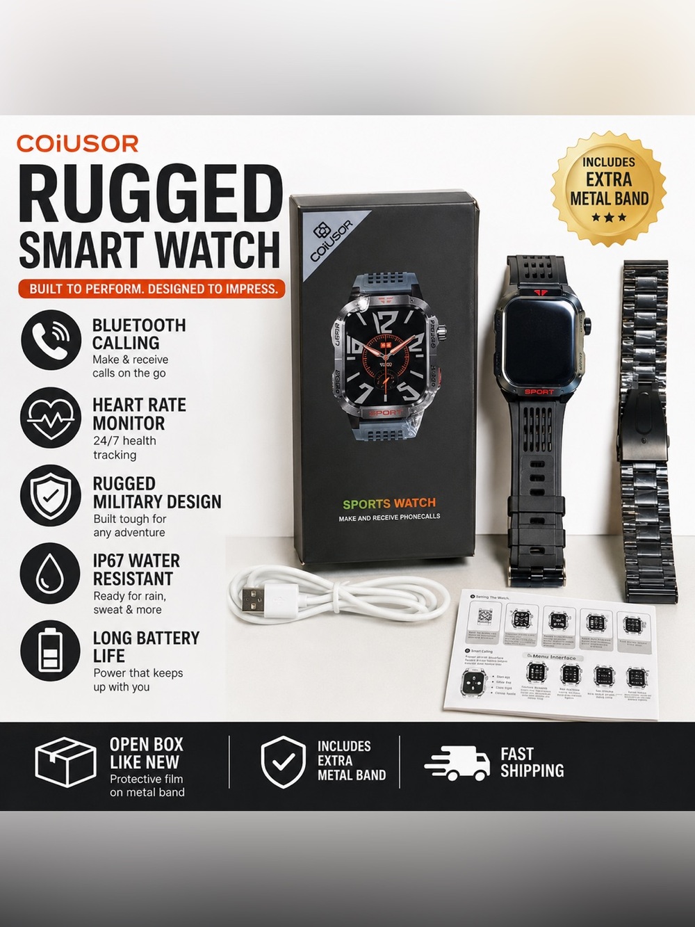 COiUSOR Rugged Military Smart Watch - Bluetooth Calls, Heart Rate